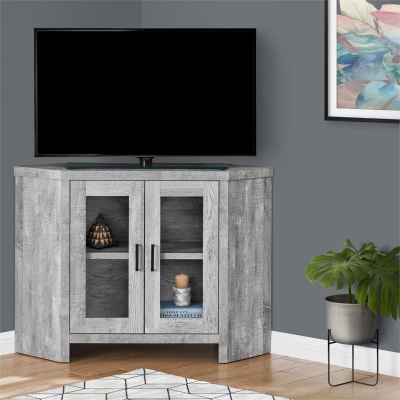 Fashionable Monarch 42" Contemporary Glass Door Wooden Corner Tv Stand Pertaining To Modern 2 Glass Door Corner Tv Stands (Photo 9 of 10)