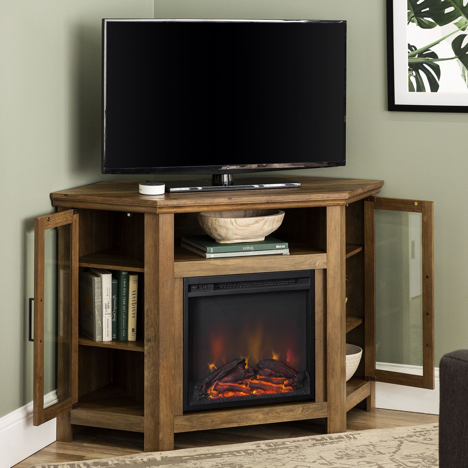 Glass Doors Corner Tv Stands For Tvs Upto 42" Inside Current Modern Corner Electric Fireplace 55" Wooden Tv Stand (View 5 of 10)
