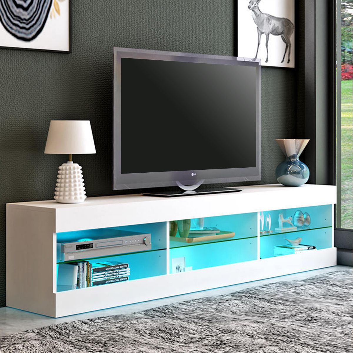 Glass Shelf With Tv Stands With Regard To Favorite 57'' Tv Stand With Rgb Led Lights, Modern Decorative Tv (Photo 2 of 10)