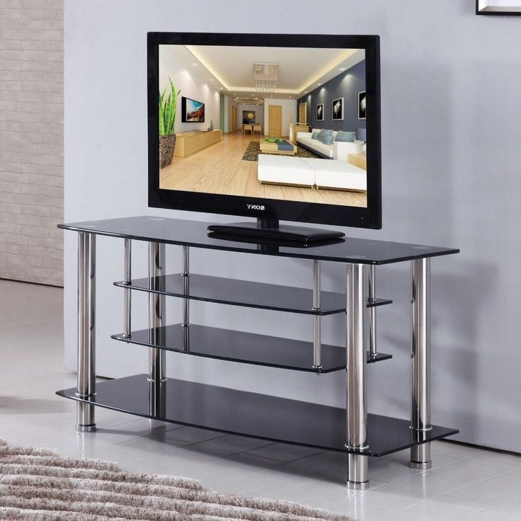 Glass Shelves Tv Stands For Most Recent Black Chrome Tiered Tempered Glass Tv Stand Shelves (View 6 of 10)