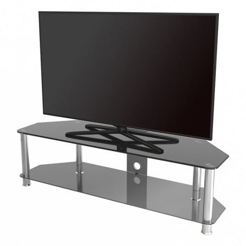 Glass Shelves Tv Stands For Tvs Up To 65" Intended For Trendy King Glass Tv Stand 140cm, Chrome Legs, Black Glass, Cable (View 4 of 10)