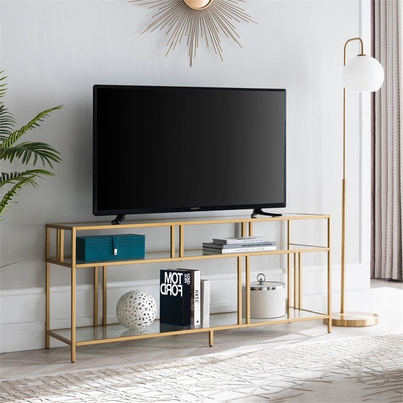 Glass Shelves Tv Stands Throughout Popular Henn&hart 55" Brass Metal Tv Stand With Glass Shelves – Tv0488 (Photo 1 of 10)