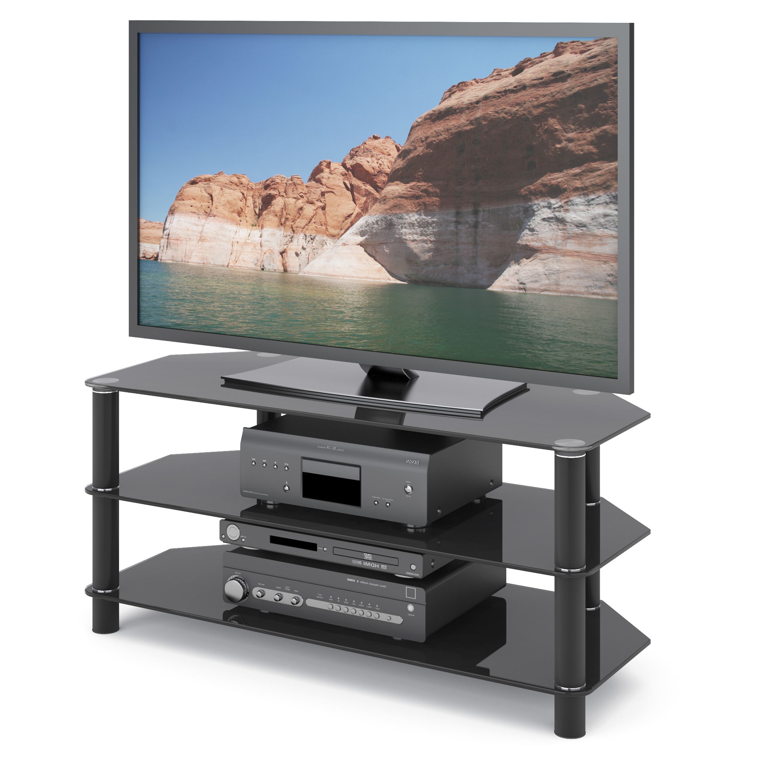 Glass Tv Stands For Tvs Up To 70" Pertaining To Popular Corliving Trinidad Black Glass Corner Tv Stand For Tvs Up (Photo 7 of 10)