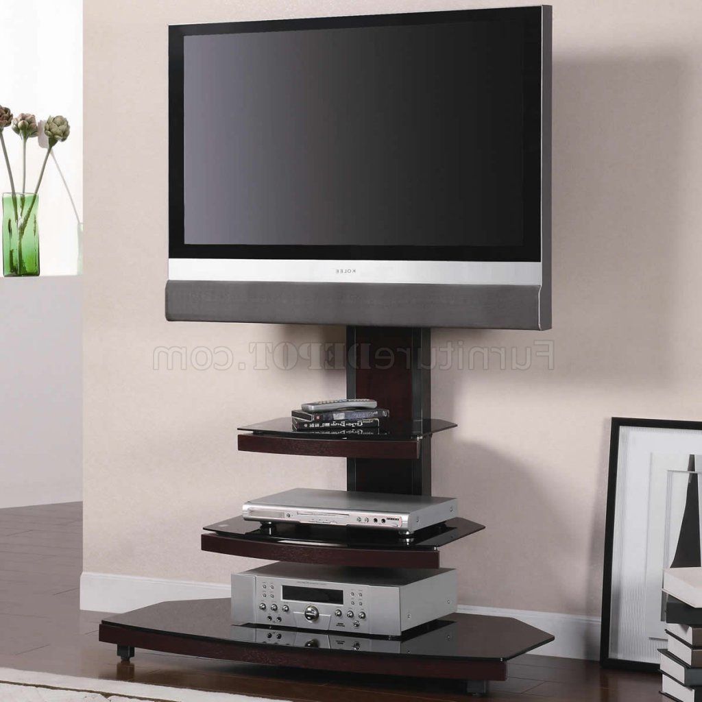 Gun Metal With Wood & Tempered Black Glass Modern Tv Stand For Newest Modern Black Tv Stands On Wheels With Metal Cart (View 2 of 10)