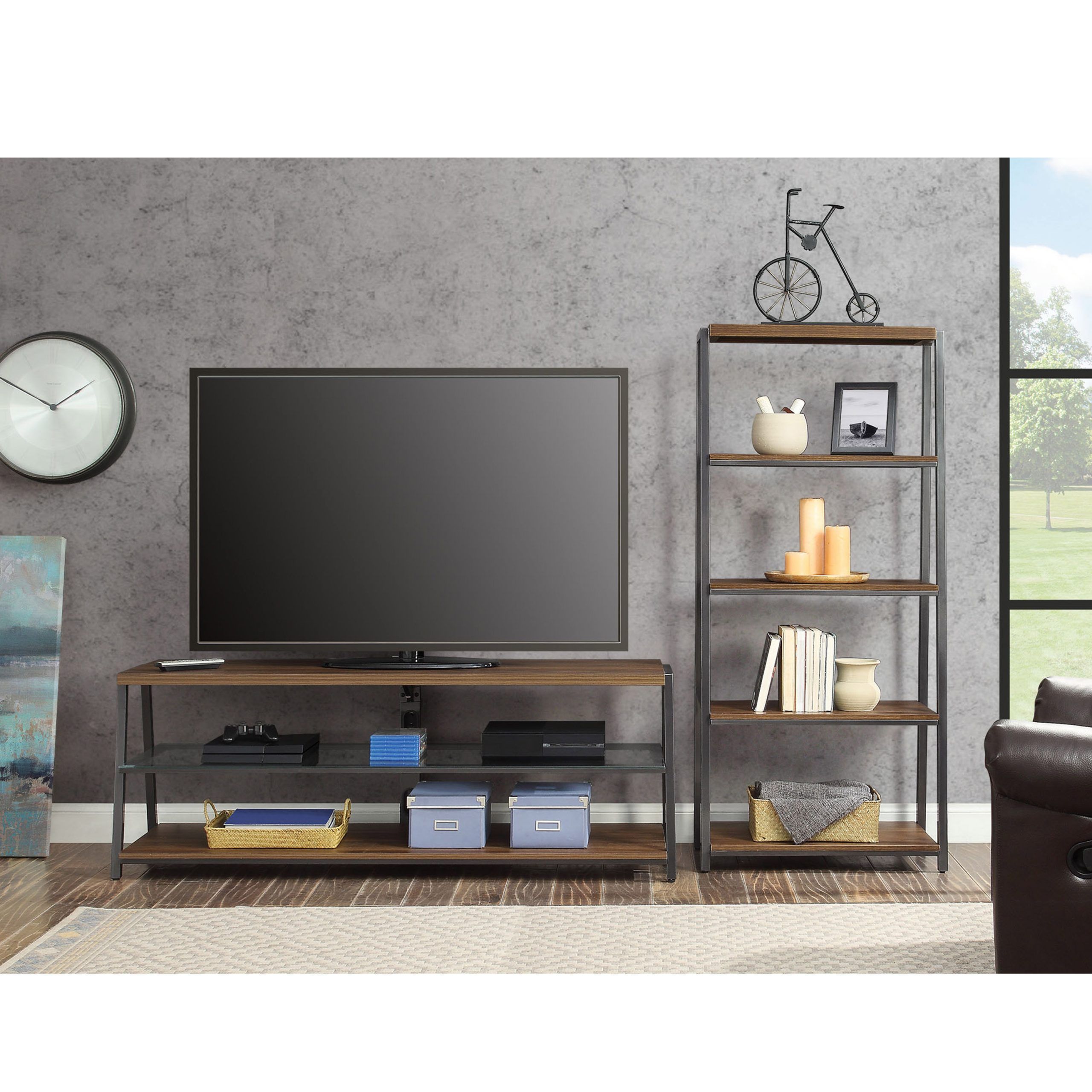 Mainstays Arris 3 In 1 Tv Stand And 4 Shelf Tower Book With Regard To Current Mainstays Arris 3 In 1 Tv Stands In Canyon Walnut Finish (Photo 1 of 10)