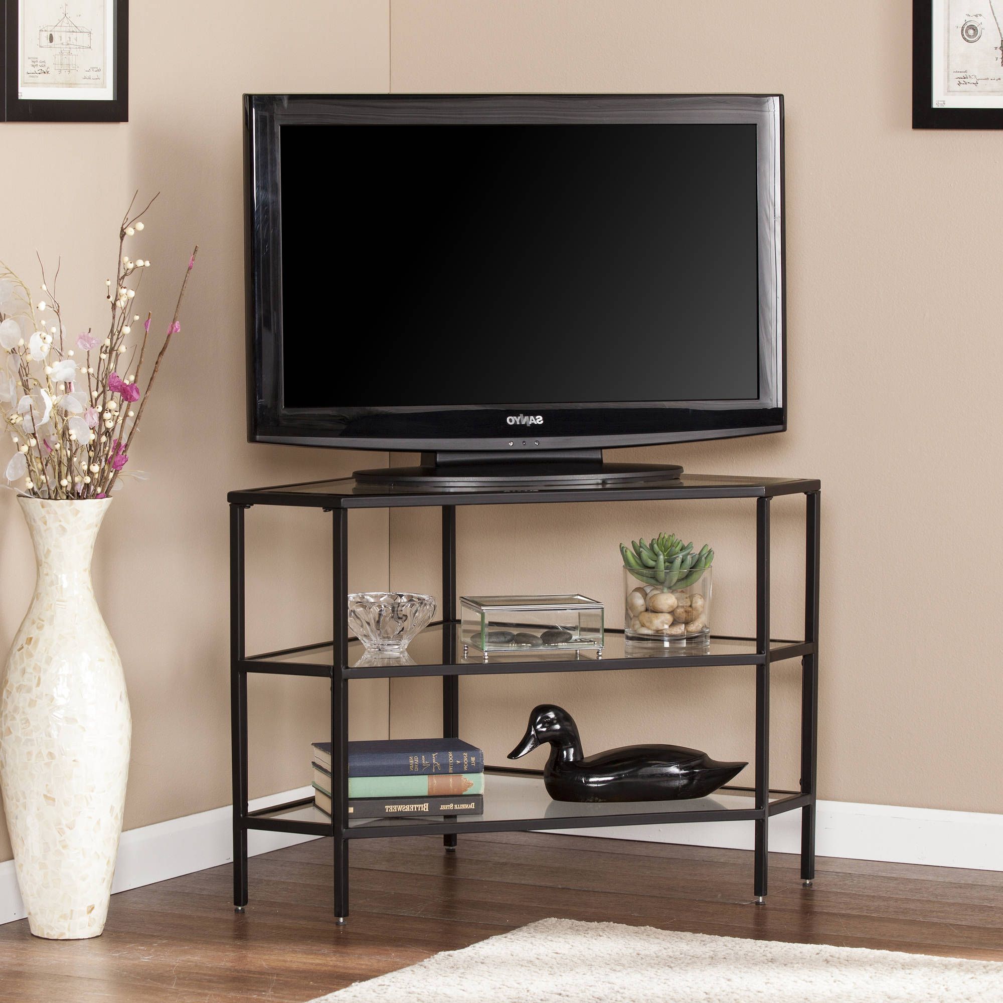 Matte Black Nealie Metal/glass Corner Tv Stand For Tvs Up Pertaining To Widely Used Glass Shelves Tv Stands For Tvs Up To 60" (Photo 5 of 10)