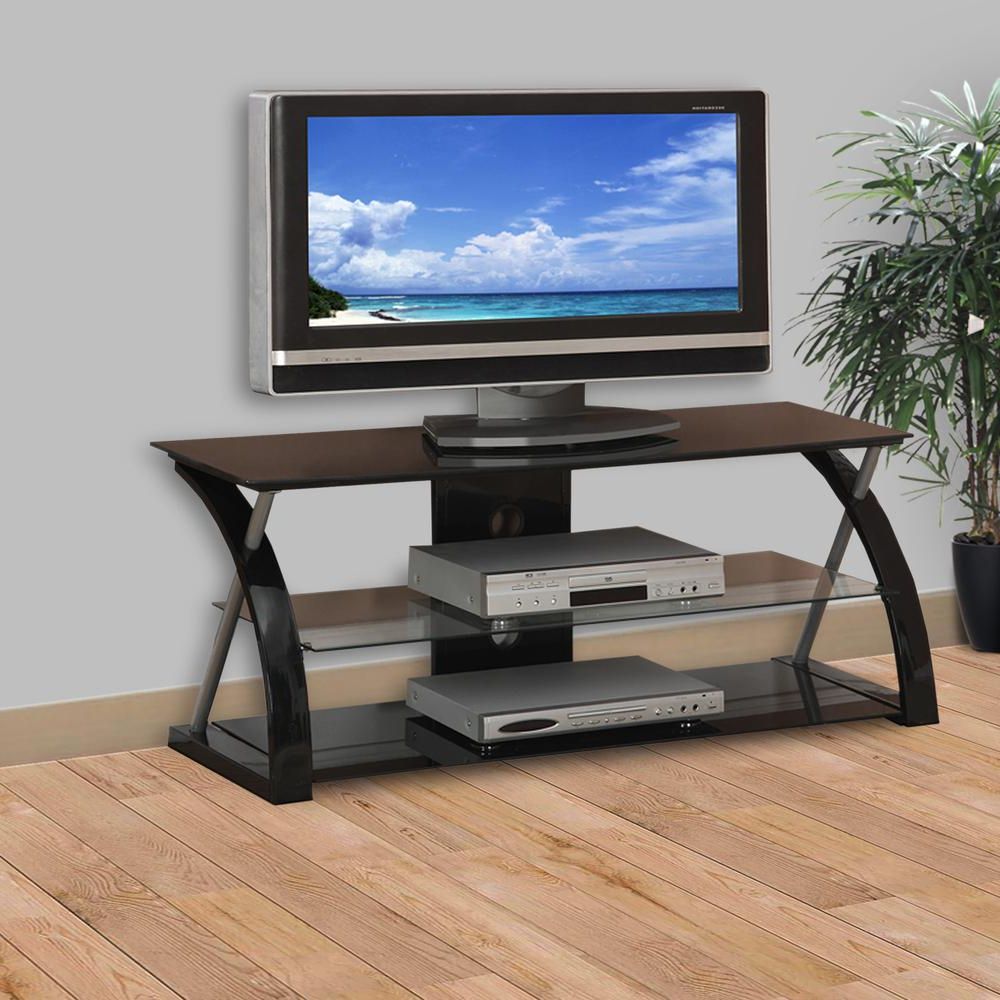 Metal Tv Stand With 3 Glass Shelves, Black For Preferred Tabletop Tv Stands Base With Black Metal Tv Mount (View 2 of 10)