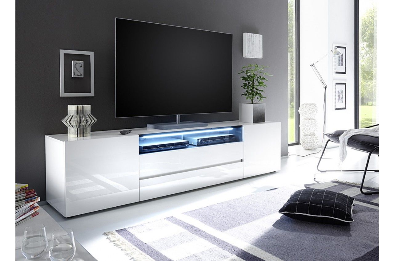 Meuble Tv Blanc Laqué Avec Éclairage Led – Trendymobilier Intended For Most Recently Released Solo 200 Modern Led Tv Stands (Photo 3 of 10)