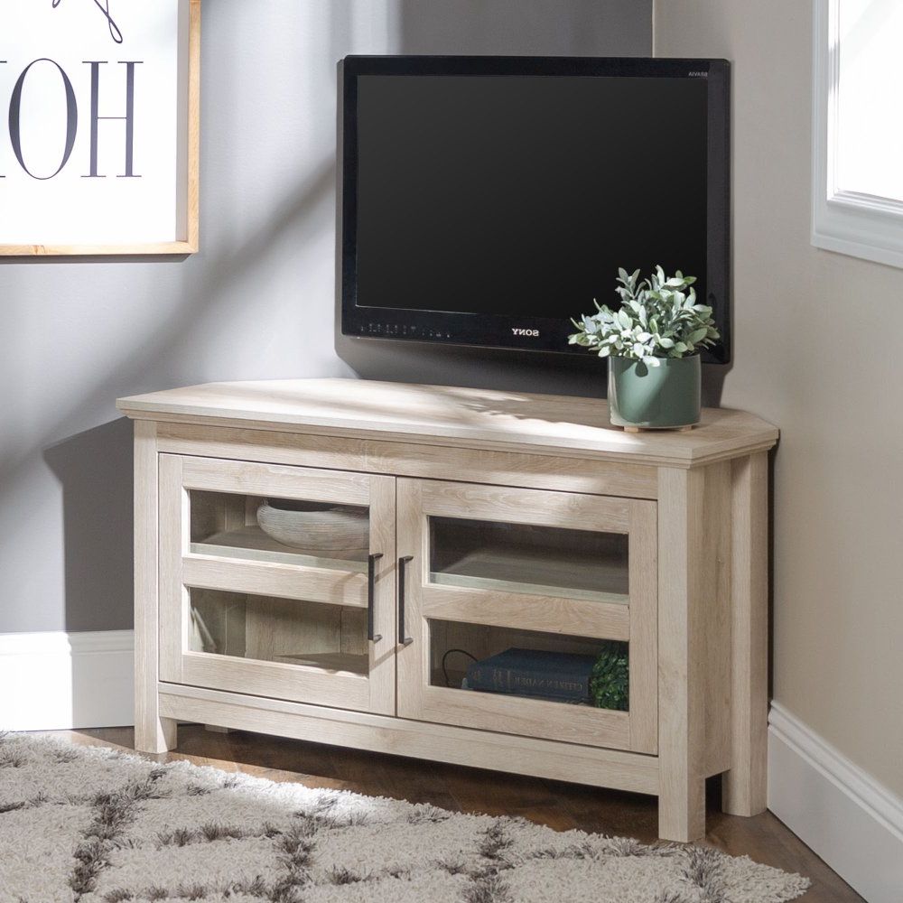 Modern Farmhouse 44 Inch Wood Corner Tv Stand – White Oak Inside Popular Wood Corner Storage Console Tv Stands For Tvs Up To 55" White (Photo 1 of 10)