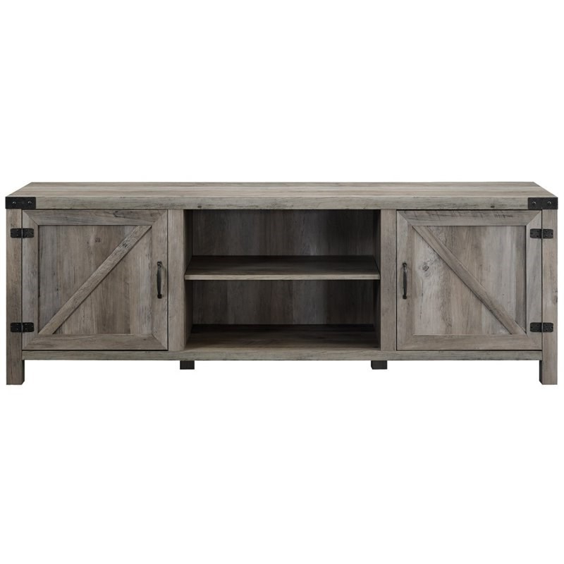 Most Popular 4 Piece Barn Door Tv Stand Coffee Table And 2 End Table Throughout Modern Farmhouse Fireplace Credenza Tv Stands Rustic Gray Finish (View 7 of 10)