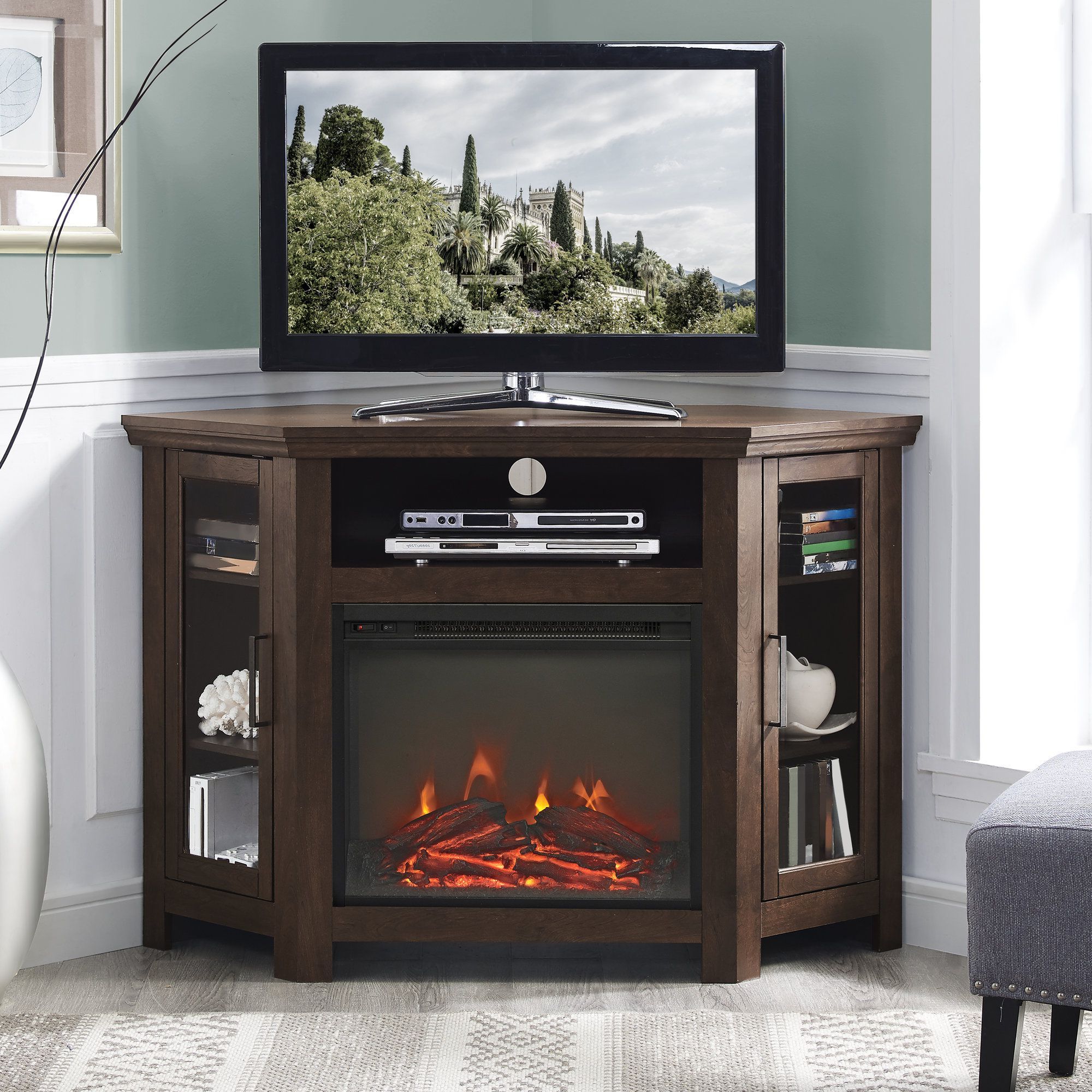 Most Popular Corner Entertainment Tv Stands Throughout Corner Tv Stand With Electric Fireplace (View 7 of 10)