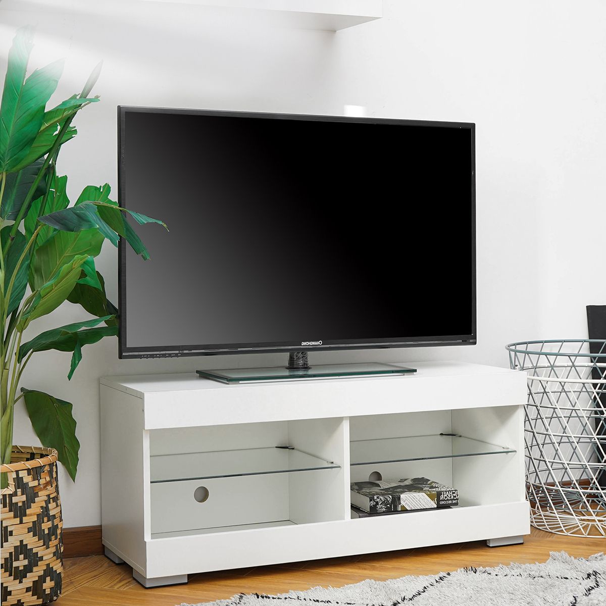 Most Popular Wood Television Stand Modern Tv Stand Cabinet With Led Inside Glass Shelves Tv Stands (Photo 2 of 10)