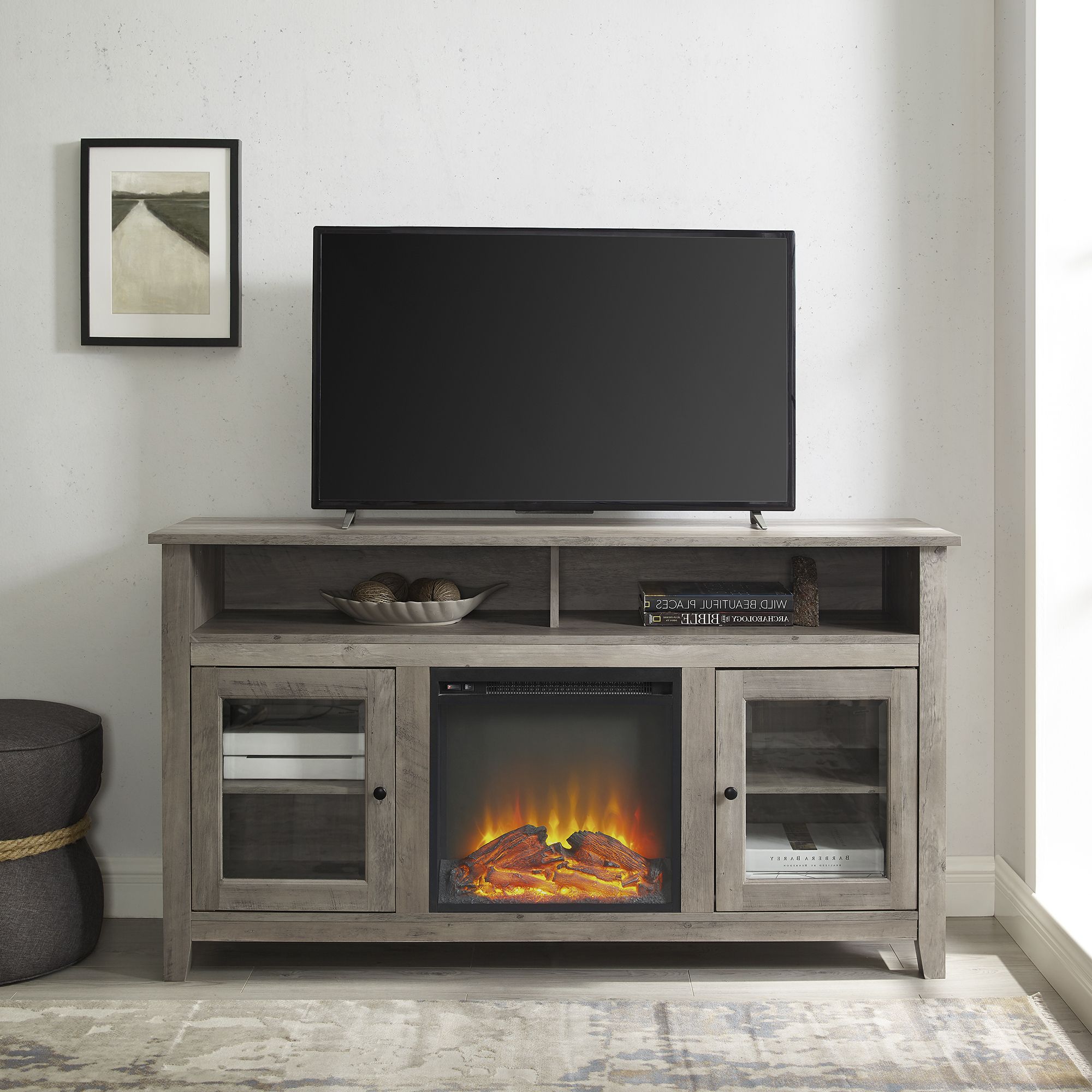 Most Recent Delphi Grey Tv Stands In Walker Edison Grey Wash Tall Fireplace Tv Stand For Tvs Up (View 4 of 25)