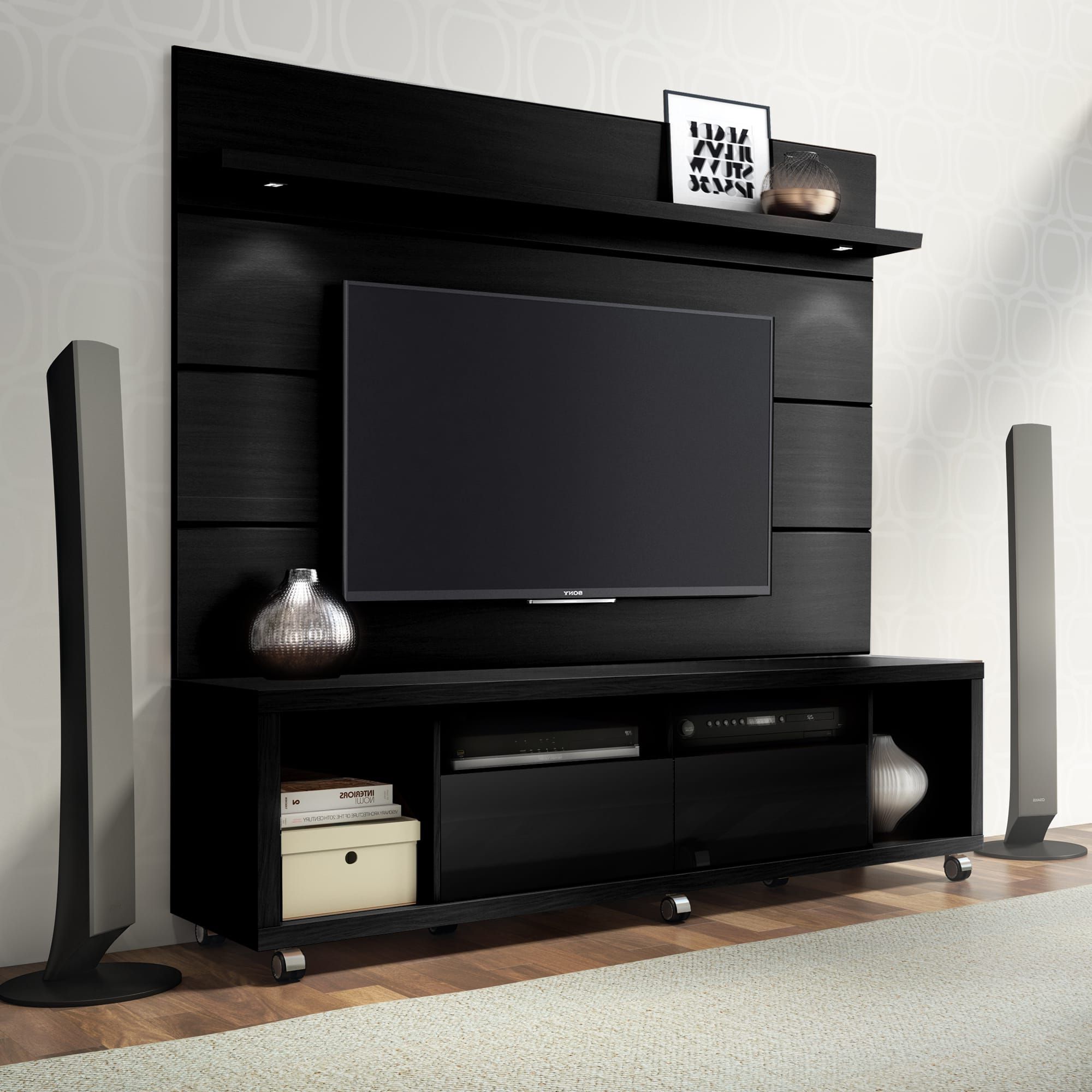Most Recent Modern Black Tv Stands On Wheels With Cabrini Black Tv Stand & Floating Wall Tv Panel W/ (View 3 of 10)