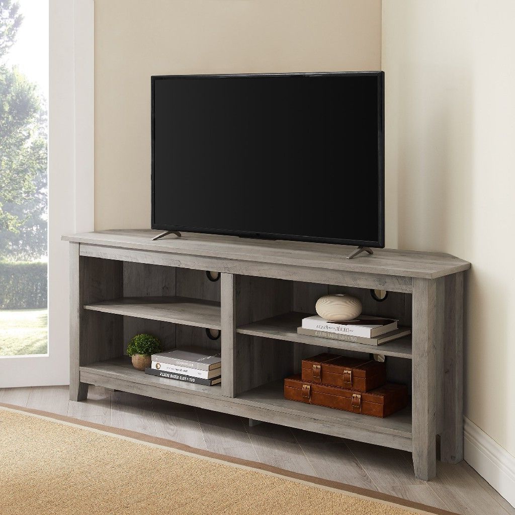 Most Recently Released 60" Corner Tv Stands Washed Oak With Regard To 58" Transitional Wood Corner Tv Stand In Grey Wash (View 6 of 10)
