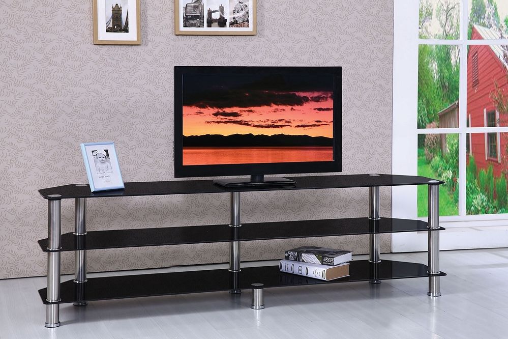 Most Up To Date Rfiver Black Tabletop Tv Stands Glass Base Pertaining To Marabel Chrome Black Tempered Glass Tv Stand (View 5 of 10)