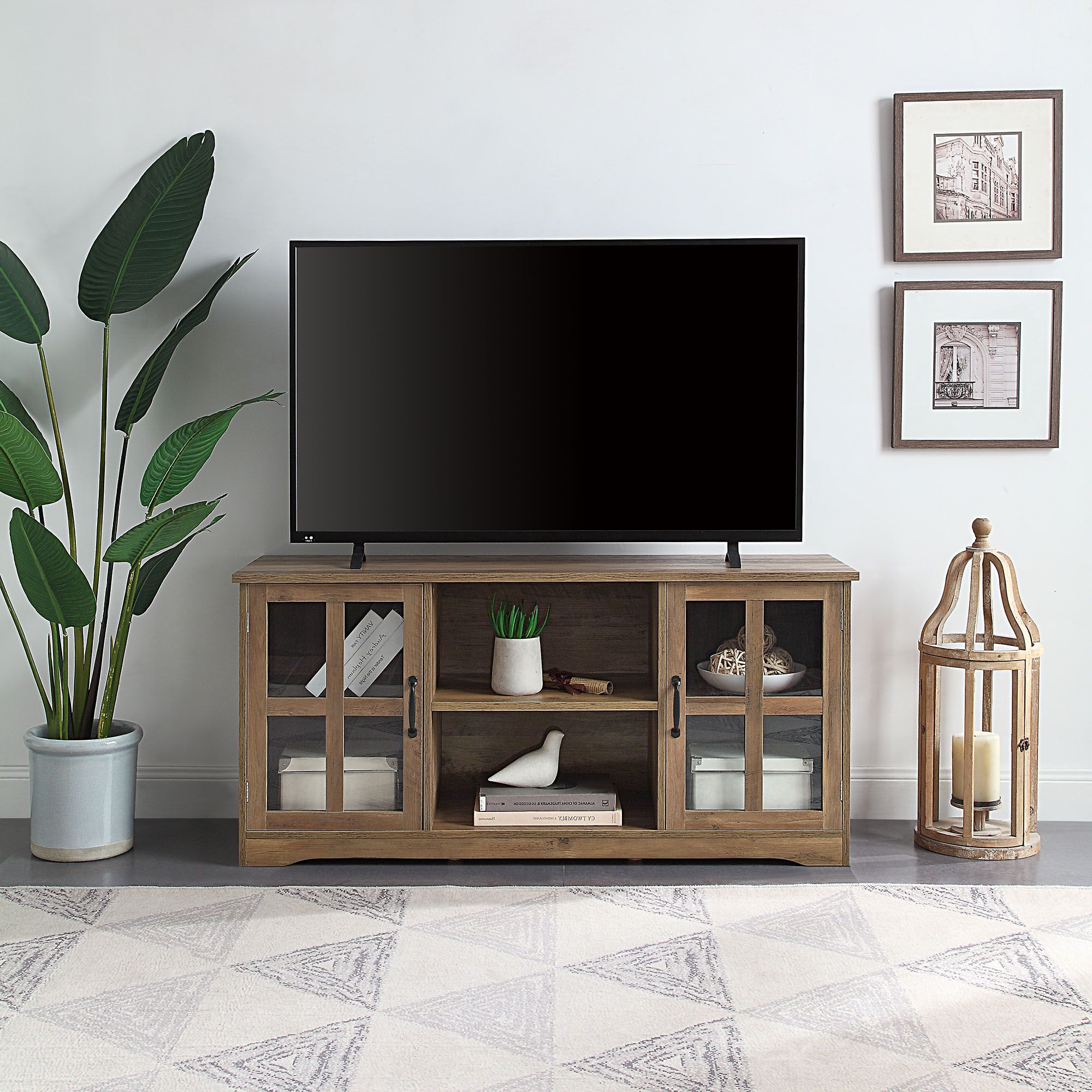 Newest Belleze Cori 52 Inch Tv Stand Wood And Glass Console For Inside Glass Shelves Tv Stands For Tvs Up To 60" (Photo 1 of 10)