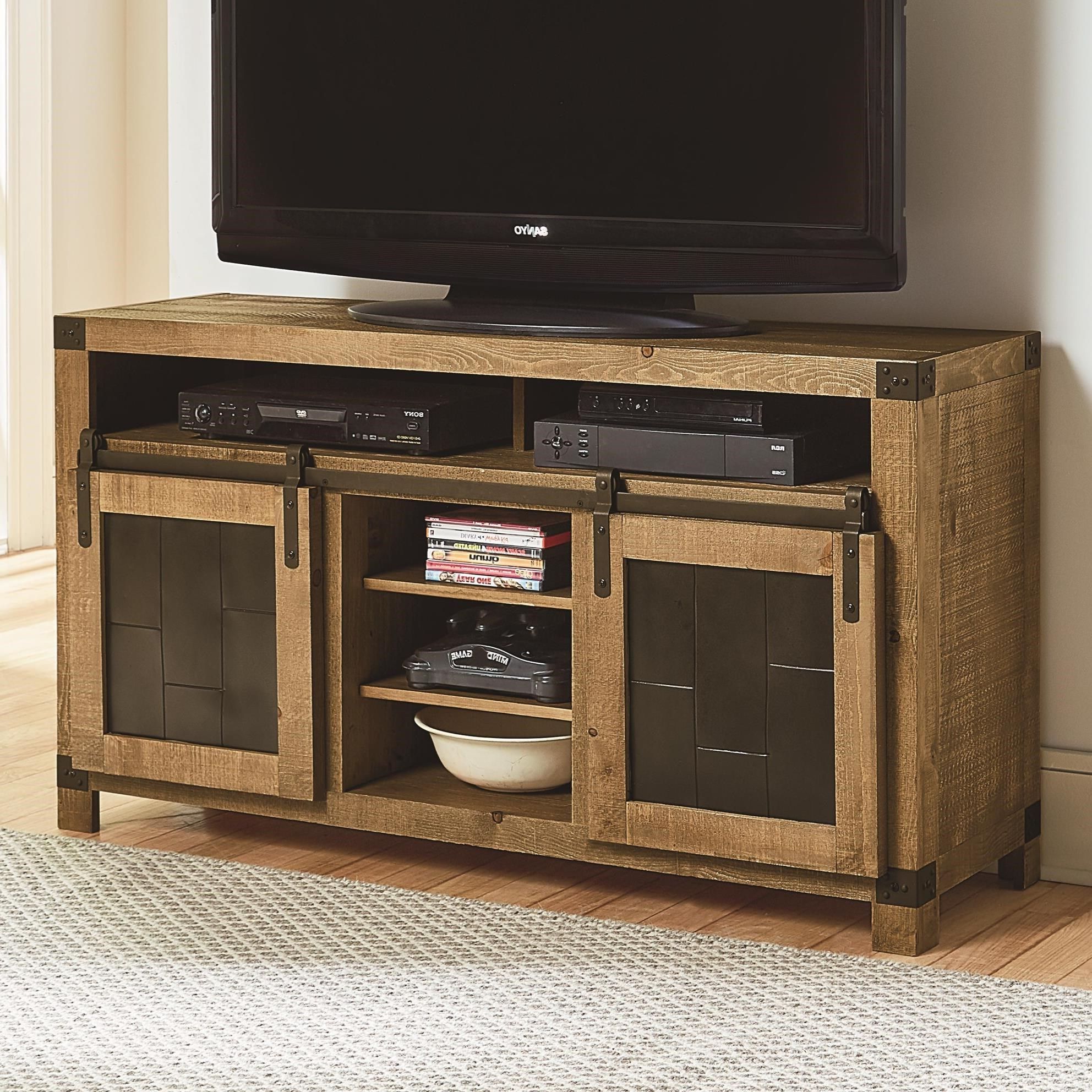 Newest Tv Stands With Sliding Barn Door Console In Rustic Oak With Progressive Furniture Mojo Rustic 54 Inch Console With (View 2 of 10)