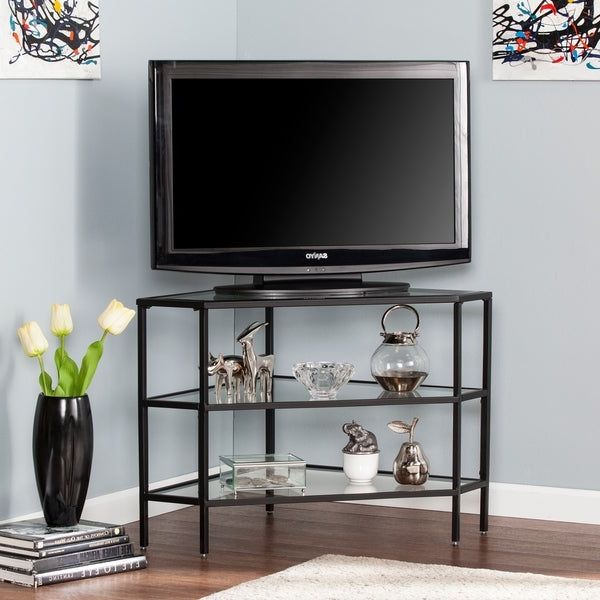 Norman Metal/glass Corner Tv Stand – Black – On Sale In Most Recent Tabletop Tv Stands Base With Black Metal Tv Mount (View 3 of 10)
