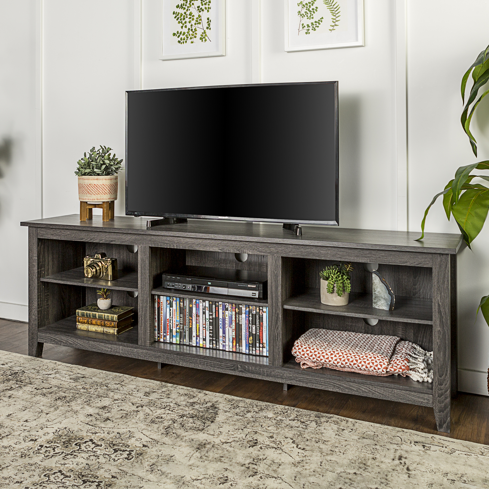 Preferred 70" Wood Media Tv Stand Storage Console – Charcoal For Tv Stands With Table Storage Cabinet In Rustic Gray Wash (Photo 1 of 10)