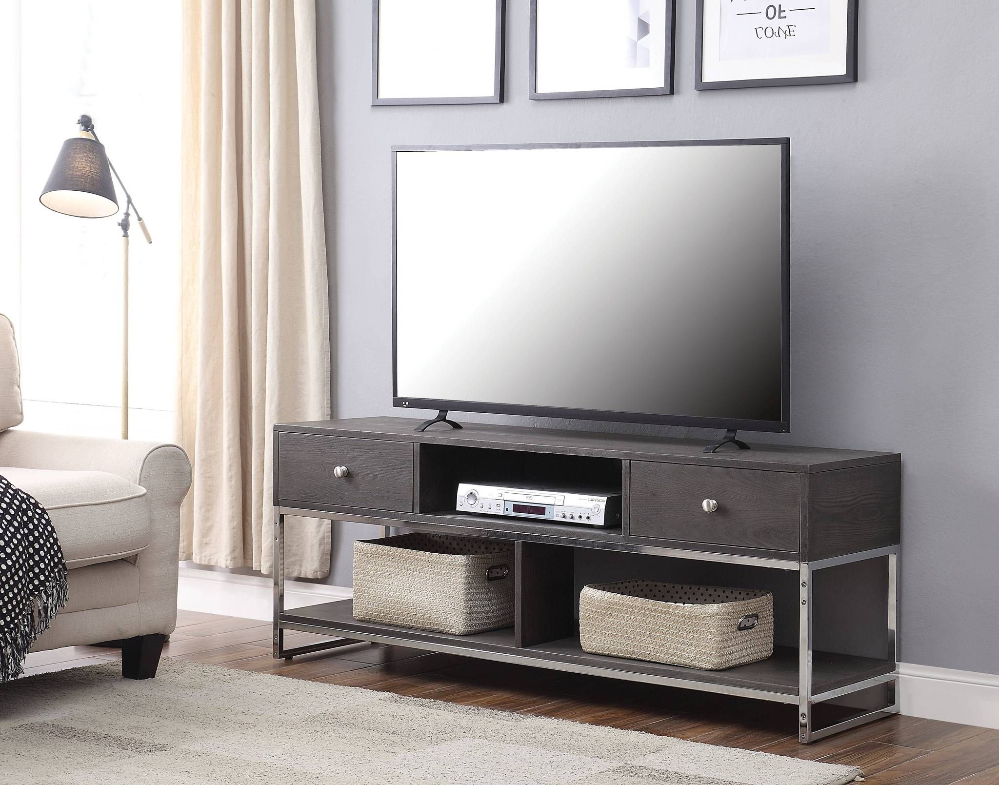 Recent 91204 Iban Gray Wood Metal Finish Modern Tv Stand With Modern Black Tv Stands On Wheels With Metal Cart (Photo 1 of 10)