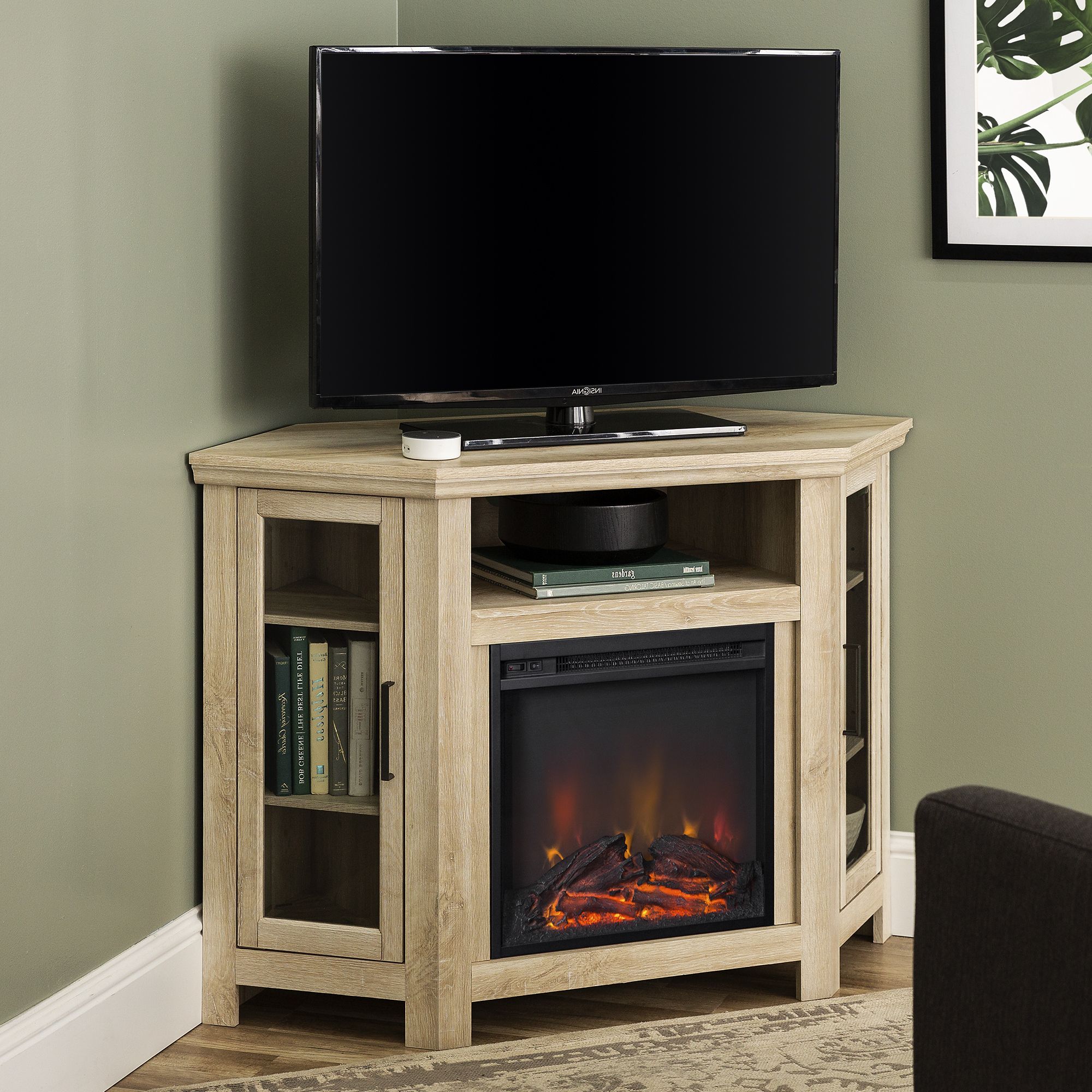 Recent Camden Corner Tv Stands For Tvs Up To 50" In Walker Edison White Oak Corner Fireplace Tv Stand For Tvs (View 3 of 10)