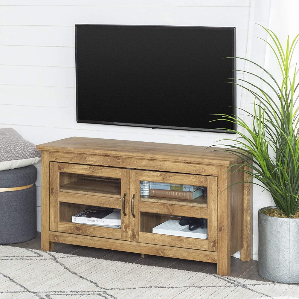 Trendy Amazon: We Furniture Modern Farmhouse Wood Corner Throughout Wood Corner Storage Console Tv Stands For Tvs Up To 55" White (View 2 of 10)