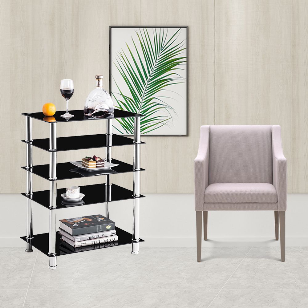 Trendy Media Stand, Modern Audio Video Tower With 5 Tier Black Regarding Glass Shelf With Tv Stands (View 9 of 10)