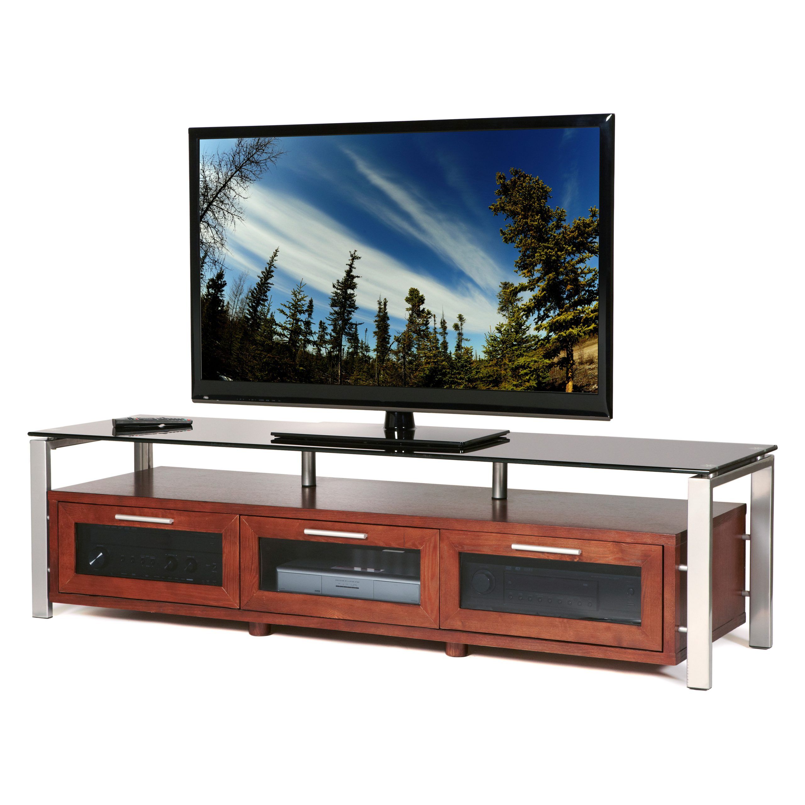 Trendy Plateau Decor 71 Inch Tv Stand In Walnut/black And Silver Regarding Tv Stands Fwith Tv Mount Silver/black (Photo 1 of 10)
