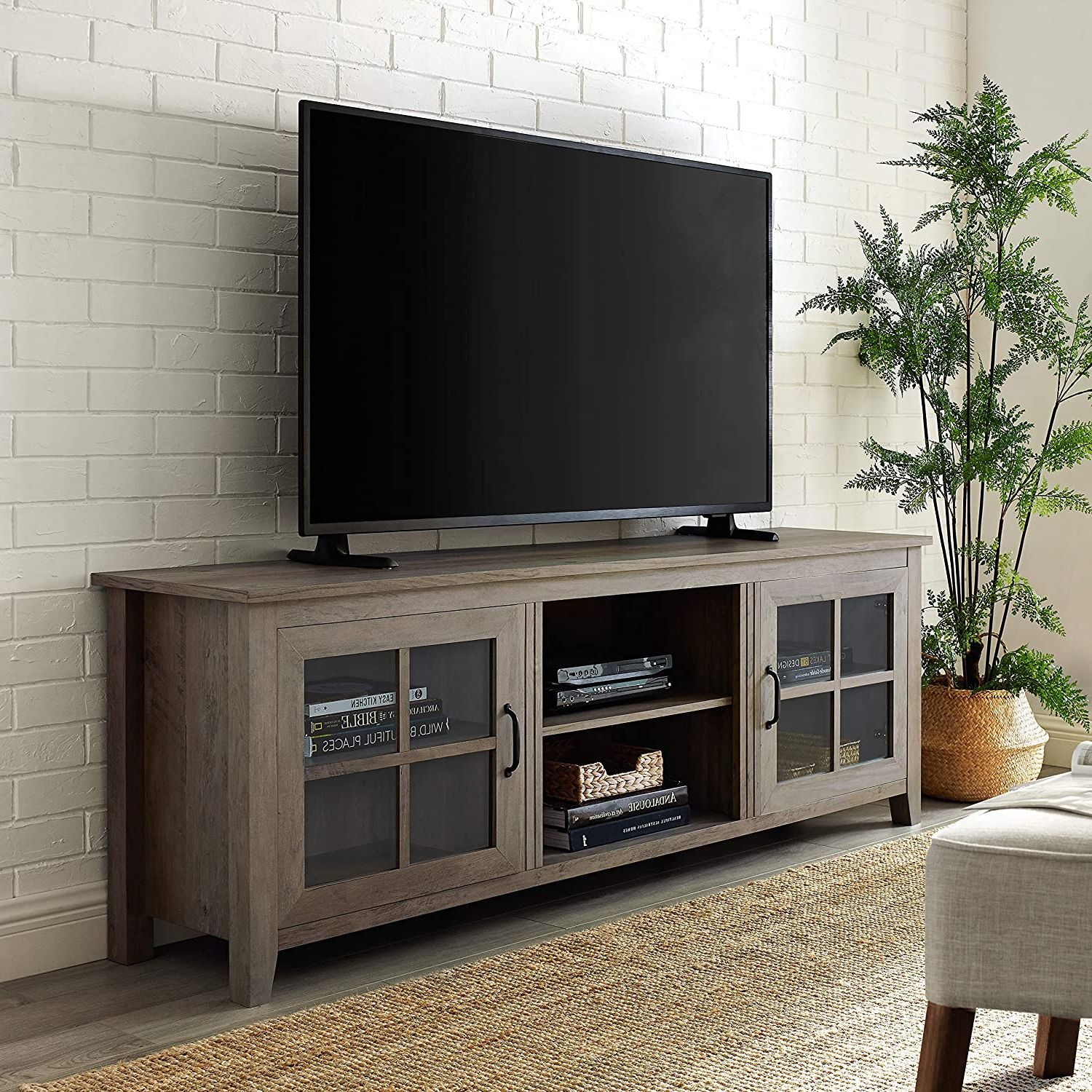 Walker Edison Modern Farmhouse Glass And Wood Stand With With Regard To 2017 Glass Tv Stands For Tvs Up To 70" (View 9 of 10)