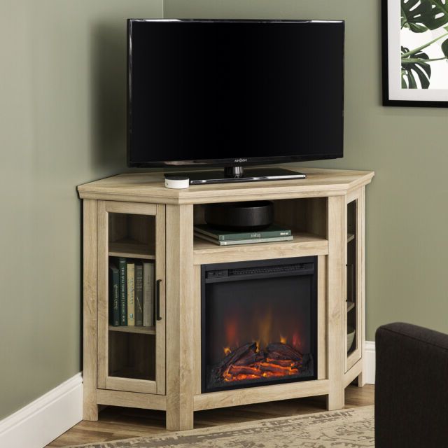 Walker Edison White Oak Corner Fireplace Tv Stand For Tvs Throughout Preferred Wood Corner Storage Console Tv Stands For Tvs Up To 55" White (Photo 5 of 10)