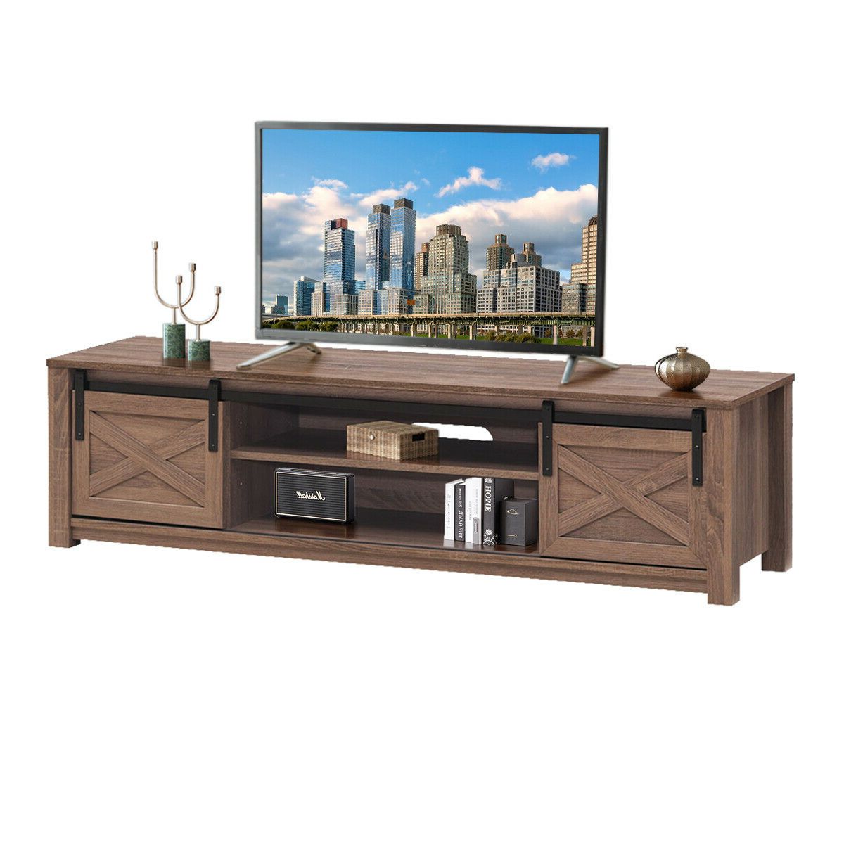 Well Known Tv Mount And Tv Stands For Tvs Up To 65" Within Gymax Sliding Barn Door Tv Stand For Tv's Up To  (View 7 of 10)