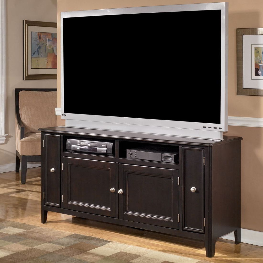 Wide Tv Stands Entertainment Center Columbia Walnut/black With Most Recently Released The Sleek Styling Of The Contemporary "carlyle (View 6 of 10)