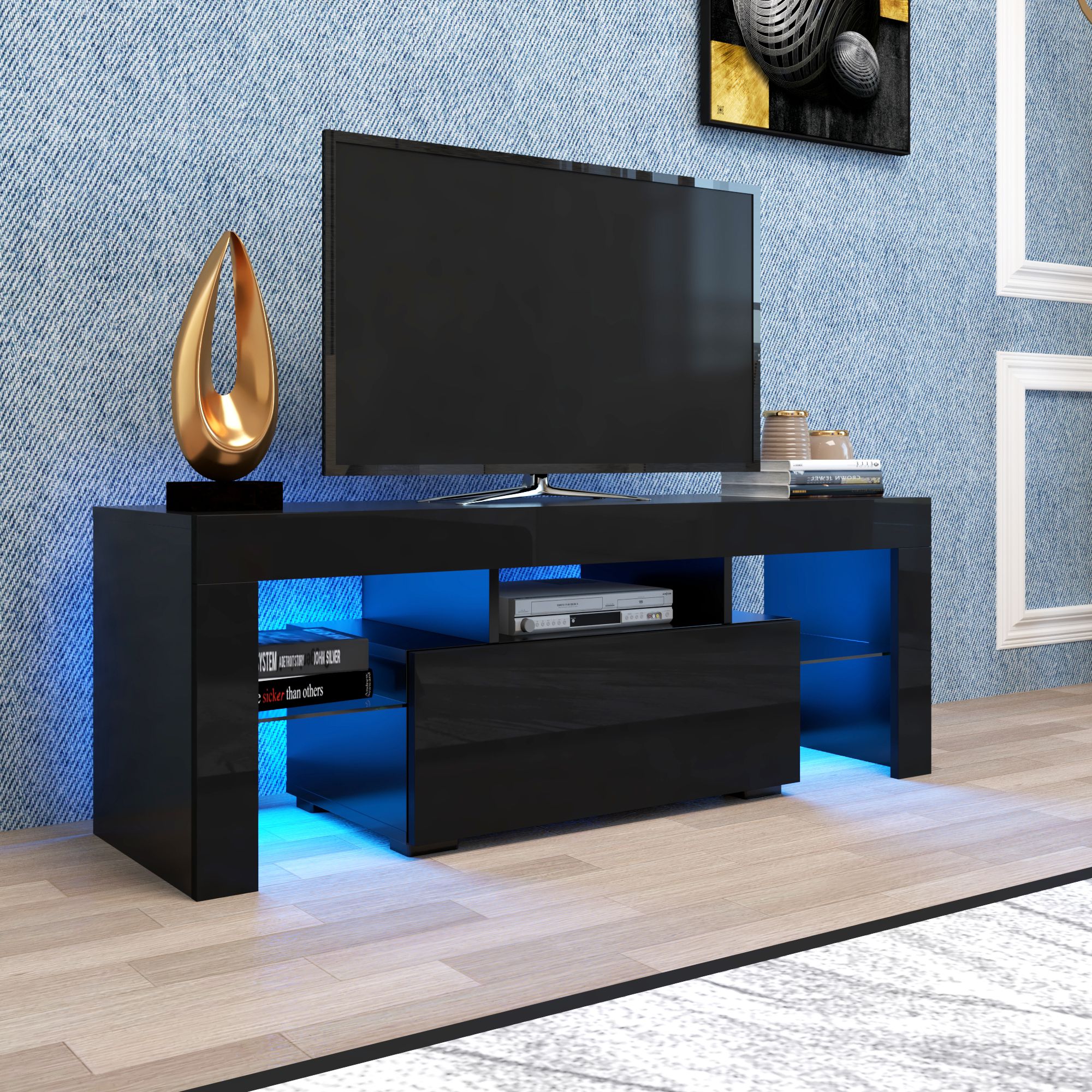 Widely Used Glass Shelves Tv Stands For Tvs Up To 65" Throughout Black Tv Stand For Up To 65 Inch Tv, Yofe High Gloss Tv (Photo 3 of 10)