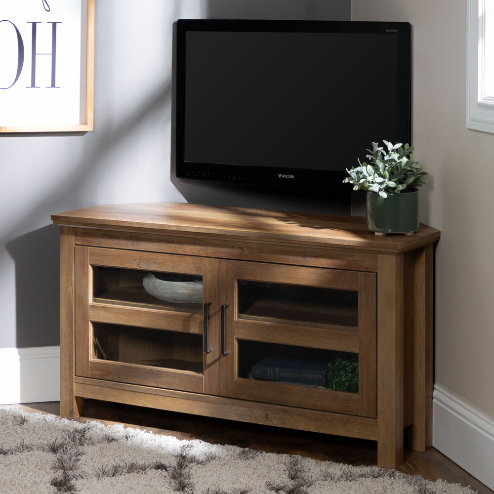 Woven Paths Open Storage Tv Stands With Multiple Finishes With Regard To Trendy Manor Park Wood Corner Tv Stand For Tvs Up To 48" – Rustic (View 6 of 10)