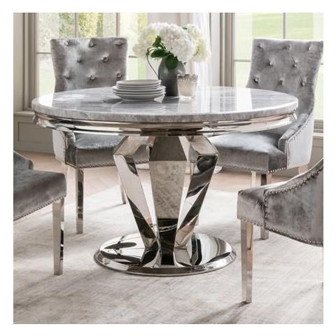 Arturo 130cm Grey Marble And Stainless Steel Chrome Round Intended For Most Recently Released Chrome Metal Dining Tables (View 4 of 10)