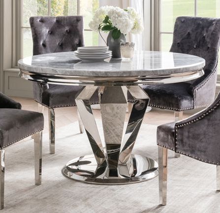 Chrome Metal Dining Tables Throughout Well Known Arturo 130cm Round Grey Marble Dining Table Aro 131 Gy (View 7 of 10)