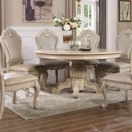 Most Recent Light Brown Round Dining Tables For Traditional Cherry Finish Pu & Linen Chairs Dining Table (View 8 of 10)