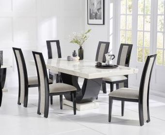 Trendy Raphael 200cm Grey Pedestal Marble Dining Table Throughout White And Black Dining Tables (View 5 of 10)