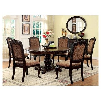 Well Known 7 Piece Elegant Fabric Round Dining Set Wood/brown Cherry Inside Dark Brown Round Dining Tables (View 5 of 10)