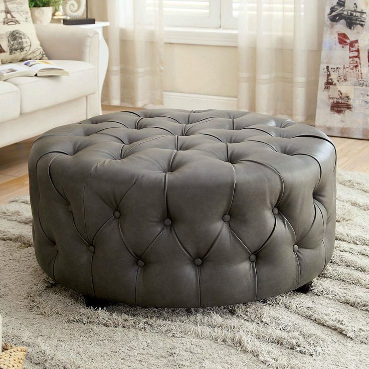 2017 Brown Faux Leather Tufted Round Wood Ottomans With Tufted Round Leather Ottoman Large Grey Cocktail Modern (View 4 of 10)