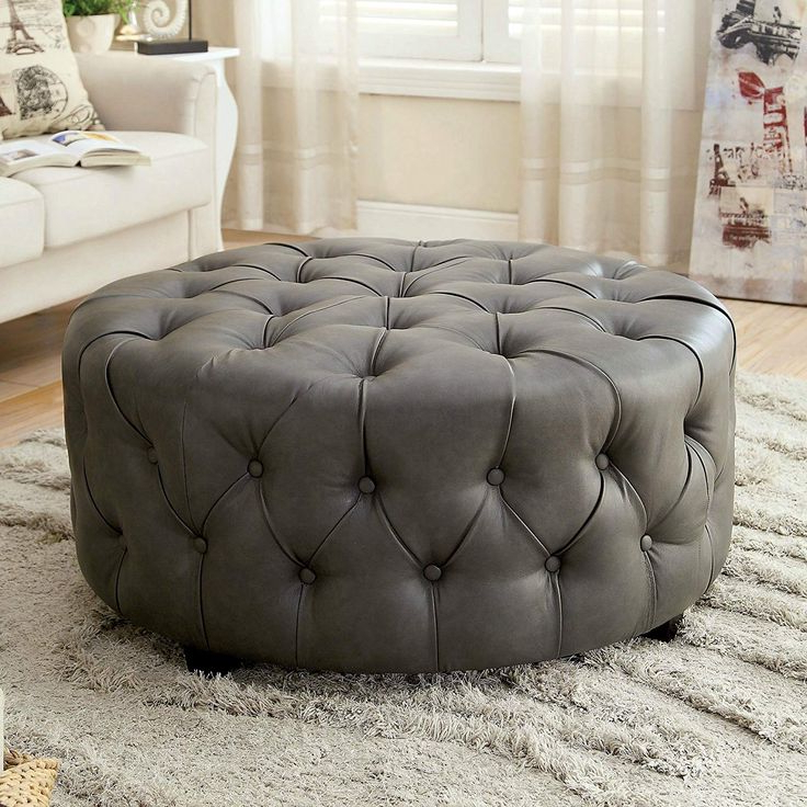 2017 Brown Faux Leather Tufted Round Wood Ottomans With Tufted Round Leather Ottoman Large Grey Cocktail Modern (Photo 4 of 10)