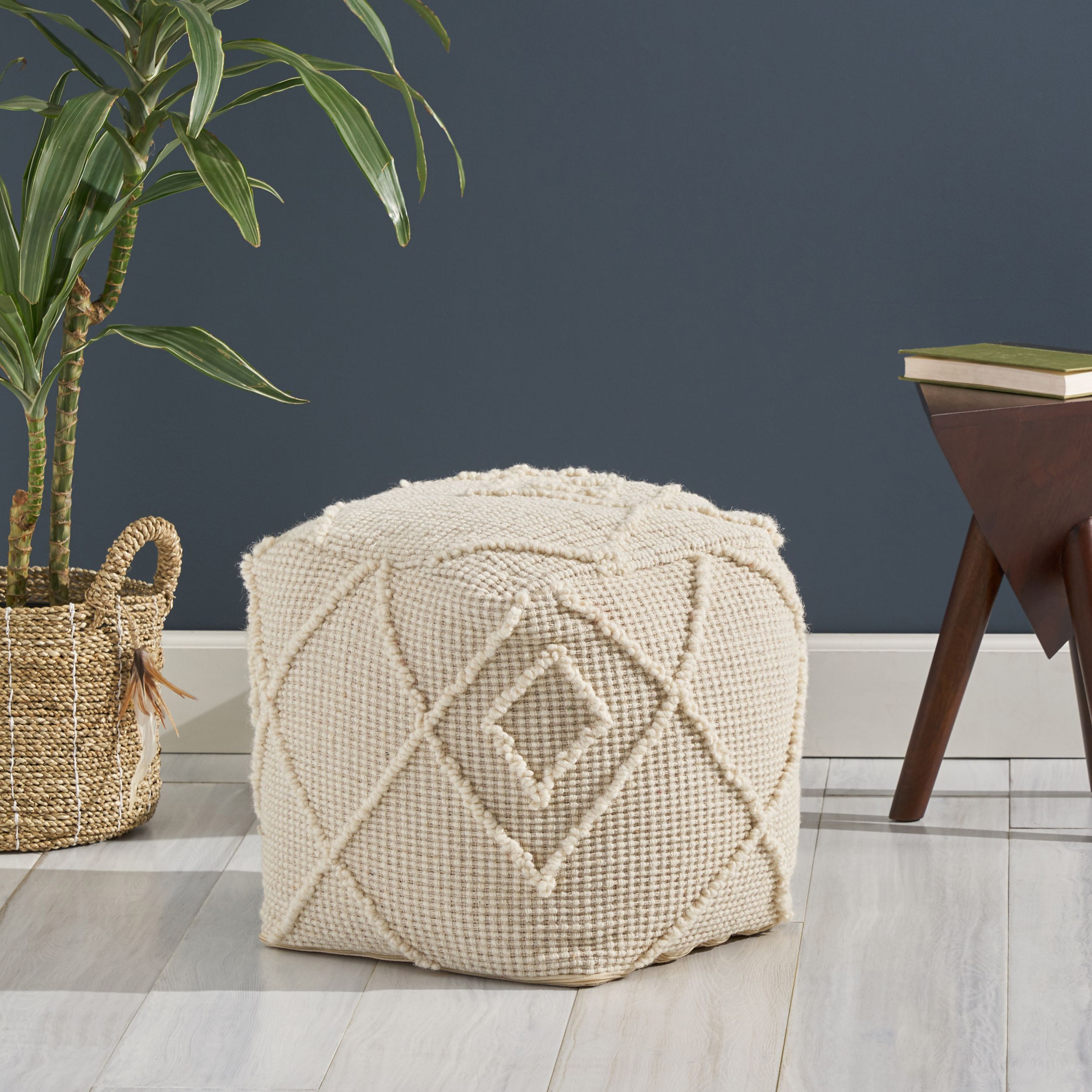 2017 Noble House Cube Geometric Woven Wool Pouf, Off White – Walmart Within White Ivory Wool Pouf Ottomans (View 5 of 10)