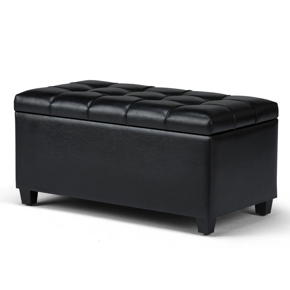 2017 Simpli Home Sienna 34 In. Traditional Storage Ottoman In Midnight Black For Black Faux Leather Column Tufted Ottomans (Photo 6 of 10)