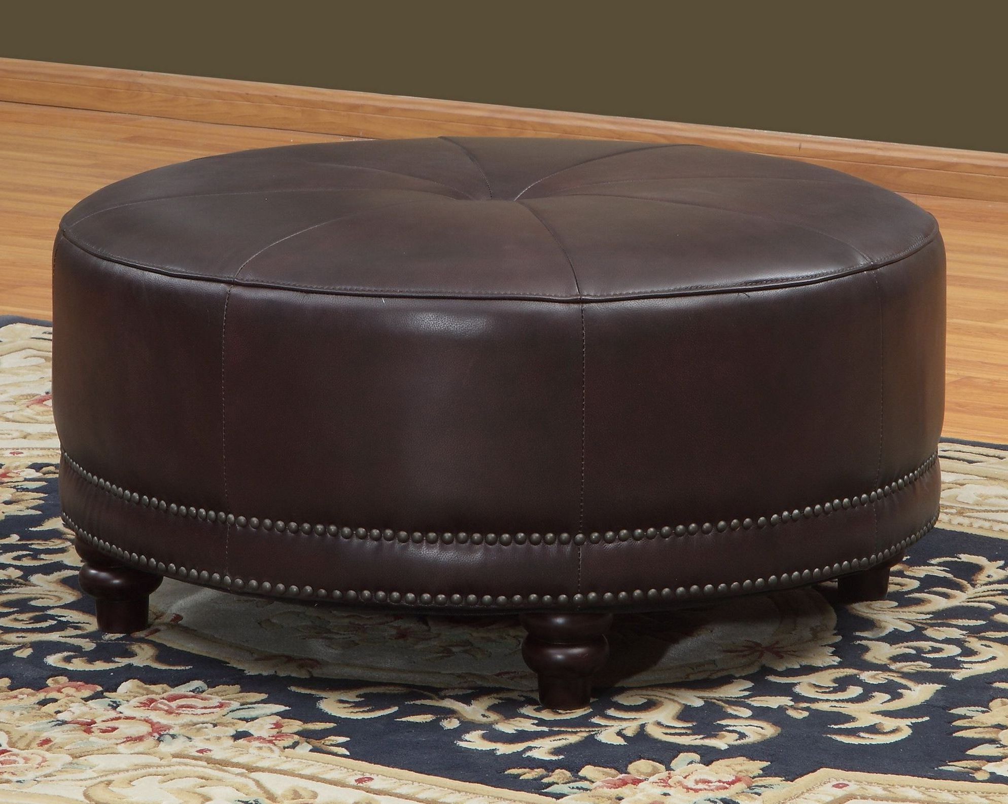 2018 Brown And Ivory Leather Hide Round Ottomans Intended For Cindy Burgundy Leather Round Ottoman From Lazzaro (wh F371  (View 2 of 10)