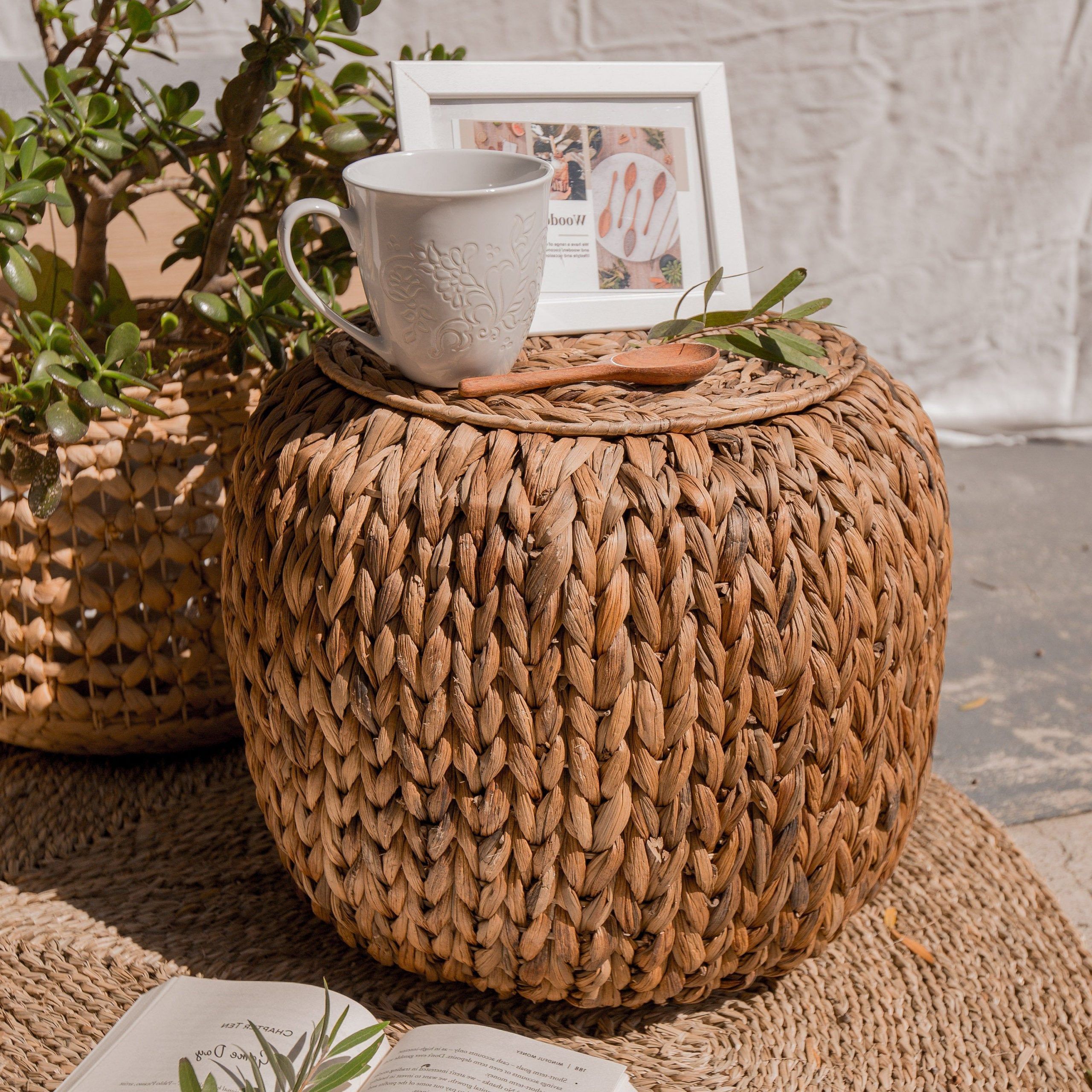 2018 Hand Woven Rattan Storage Barrel, Seagrass Ottoman With Lid, Natural Pertaining To Traditional Hand Woven Pouf Ottomans (View 3 of 10)