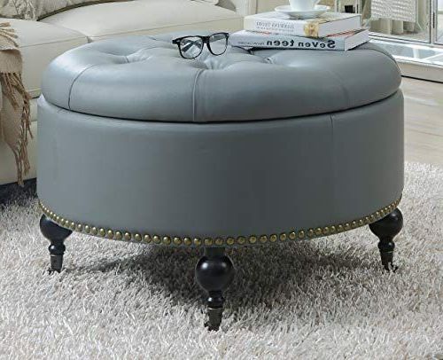 2018 Round Gray Faux Leather Ottomans With Pull Tab For Chic Iconic Home Mona Modern Tufted Gold Nail Head Trim Grey Faux (View 6 of 10)
