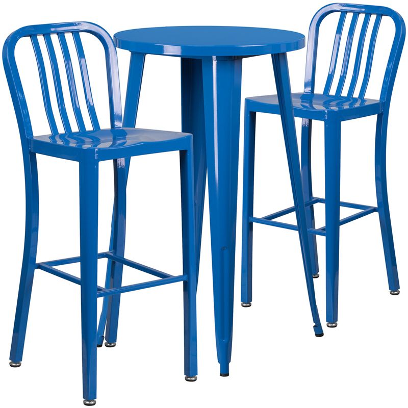 24'' Round Blue Metal Indoor Outdoor Bar Table Set With 2 Vertical Slat Within Newest Blue And Gold Round Side Stools (View 3 of 10)