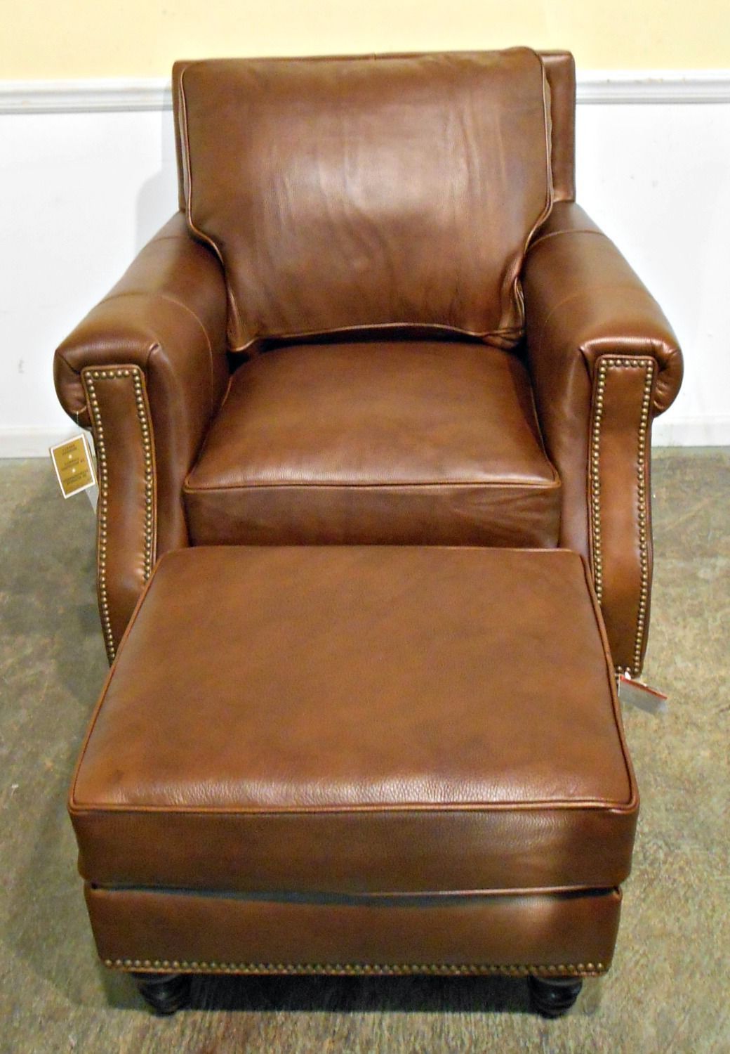 3104 394 Bradington Young Medium Brown Leather Chair & Ottman #71395 In Current Medium Brown Leather Folding Stools (View 7 of 10)