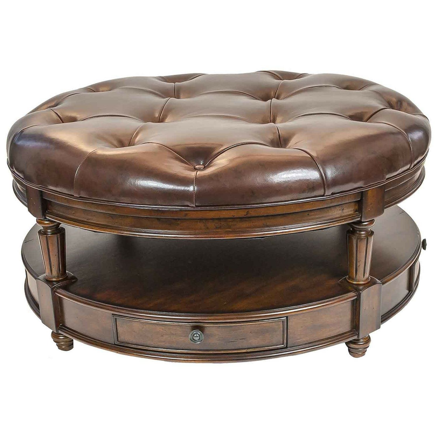 42''d Faux Leather Round Ottoman In Brown W/storage Drawers – Ottomans Pertaining To Most Recently Released Gold And White Leather Round Ottomans (View 2 of 10)